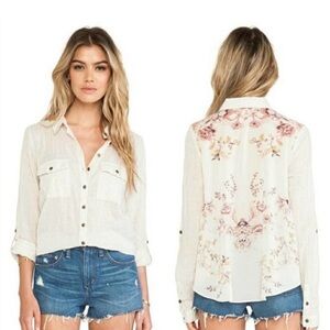 Free People Cream Lightweight Button-Down Shirt with Floral Back